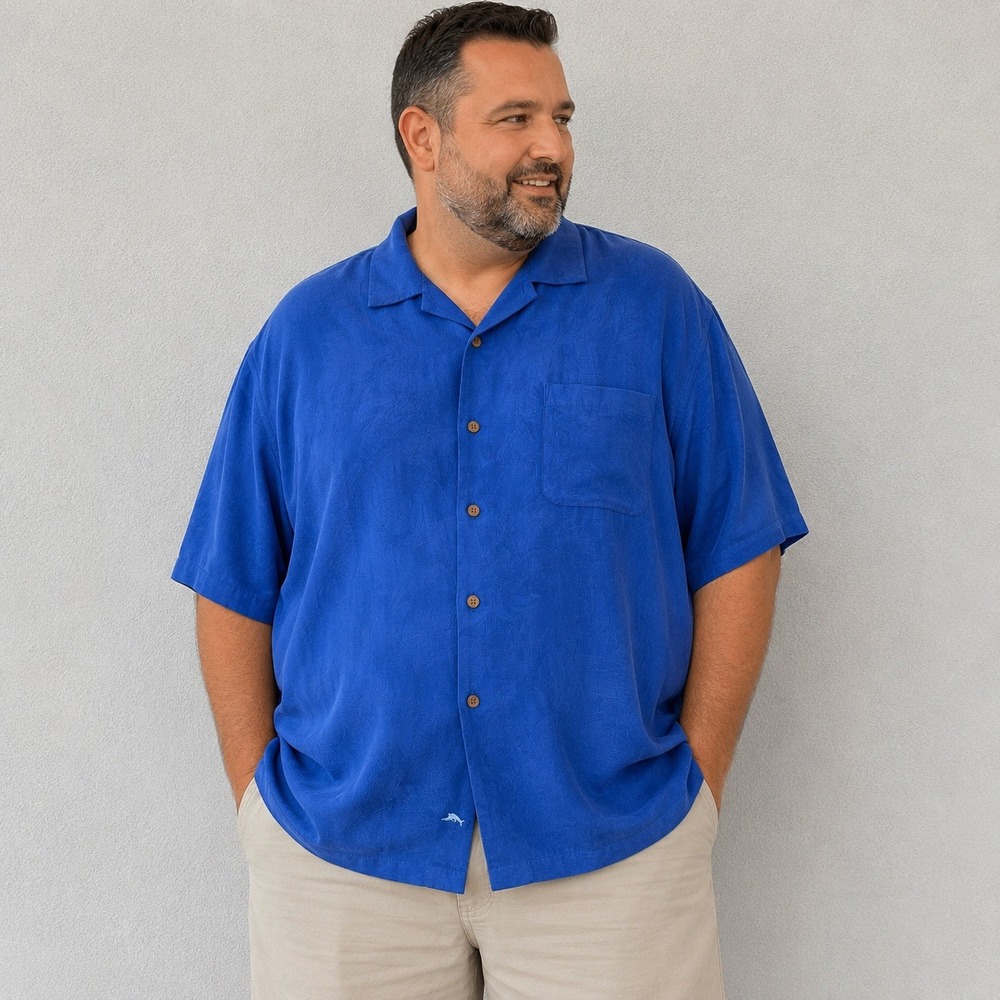 Tommy Bahama Mens XXXL Blue 100% Silk Tropical Jacquard Short Sleeve Camp Shirt‎
